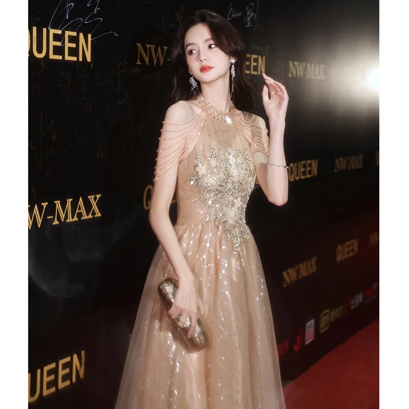 

Вечернее платье цвета шампанского для женщин, новое нишевое светское платье во французском стиле, элегантное длинное платье для свадебной вечеринки на день рождения, Vestido De Festa