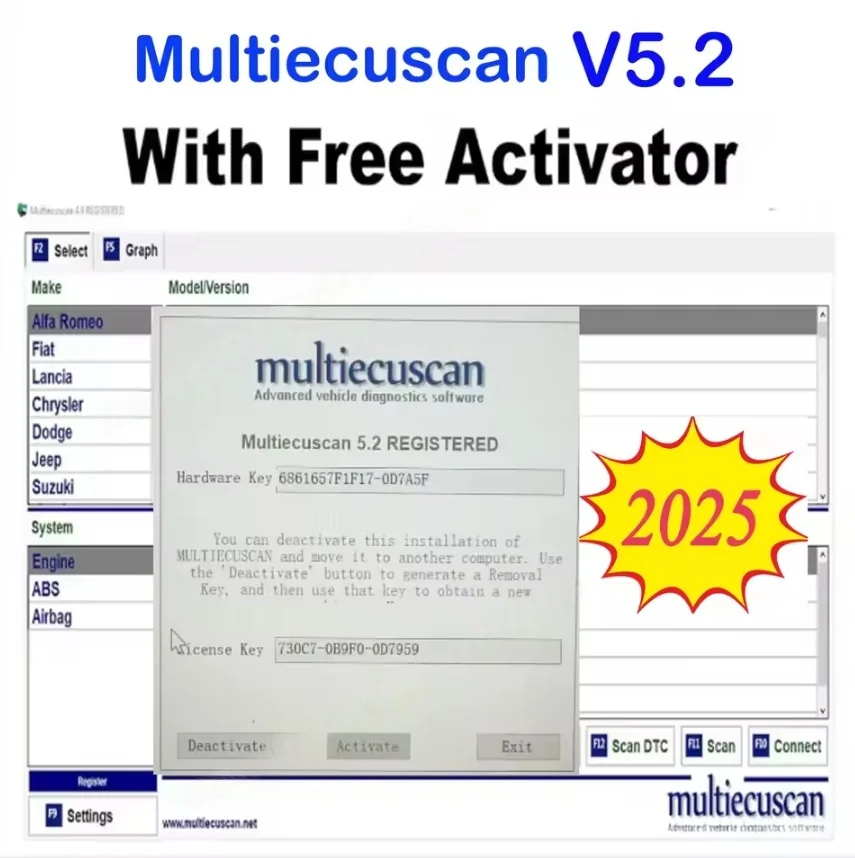 Multiecuscan V5.2 for Fiat/Chrysler/Dodge/Jeep/Suzuki Scanner Software Work for ELM327 Flat Adapter Registered Unlimite