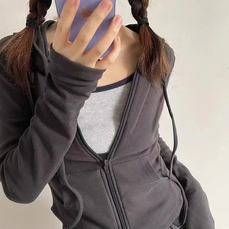 Sudadera básica con bolsillos y capucha para mujer, sudaderas con capucha de manga larga con cremallera de Color sólido, chaquetas Y2K ajustadas para Otoño e Invierno 2025