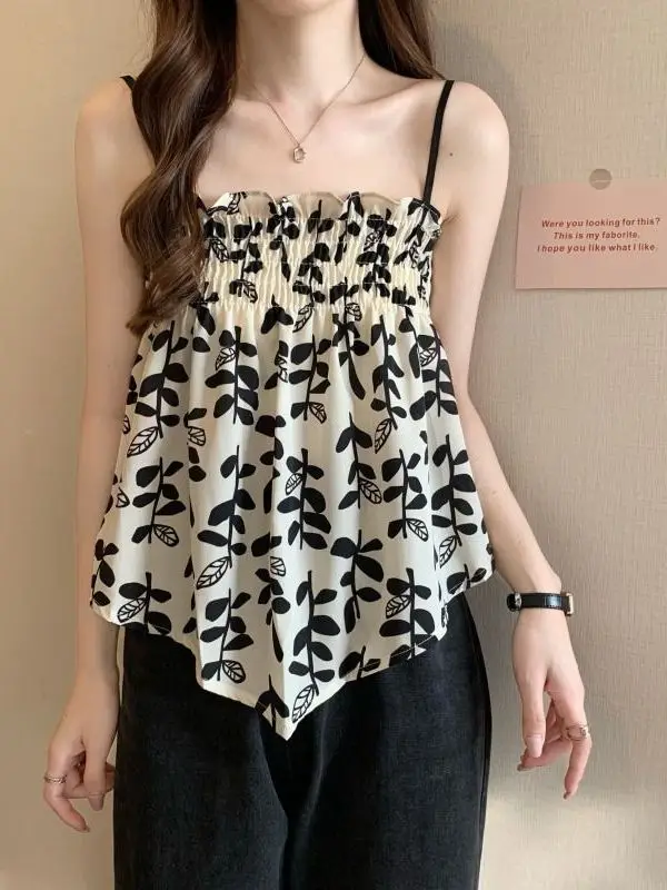 Floral Print Layered Women's Crop Top Outerwear Vest Unique Design Inner Match Bralette Breathable Lightweight Cotton Blend