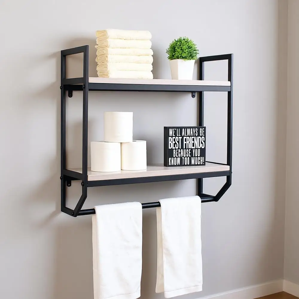 

Двухуровневые металлические настенные полки для ванной 23,6 дюйма с вешалкой для полотенец, стеллаж для хранения над унитазом, белый под старину