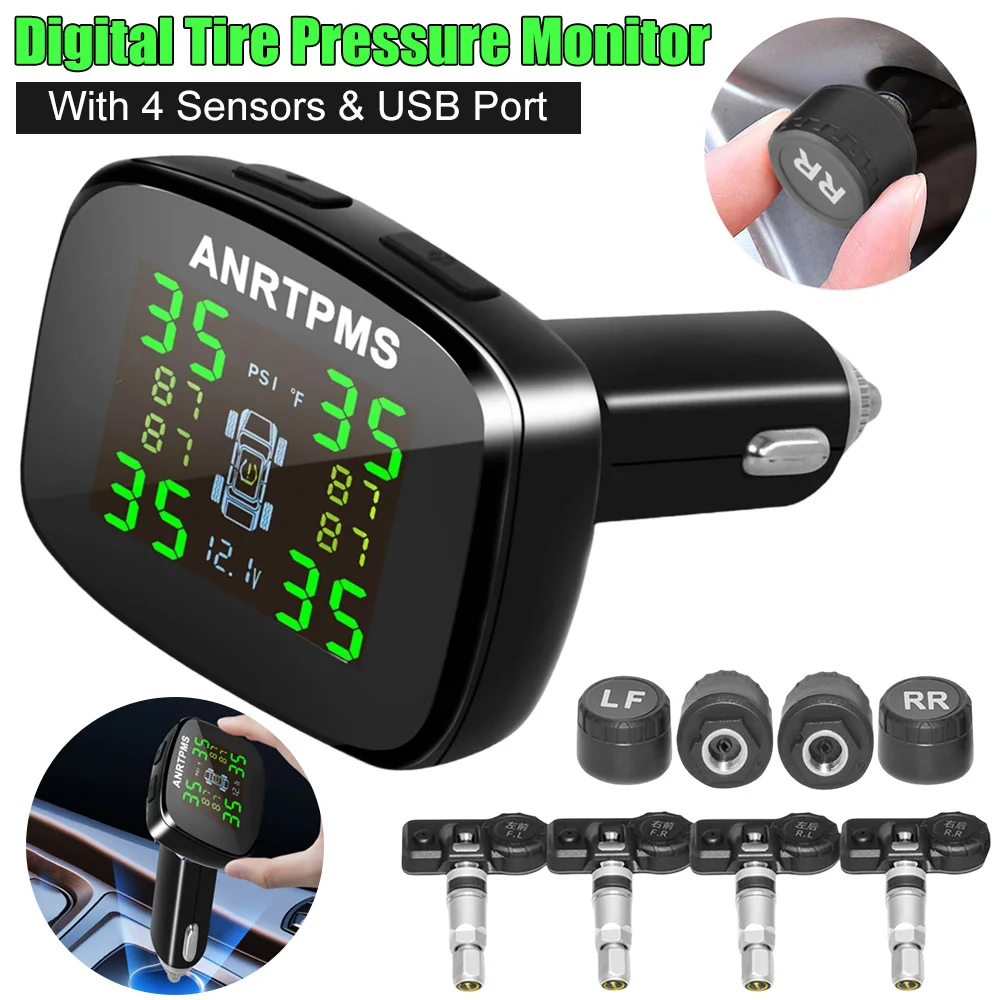 

Автомобильный TPMS прикуриватель, монитор давления в шинах с USB и Type-C, два порта, измеритель давления воздуха в шинах, сигнализация с 4 датчиками