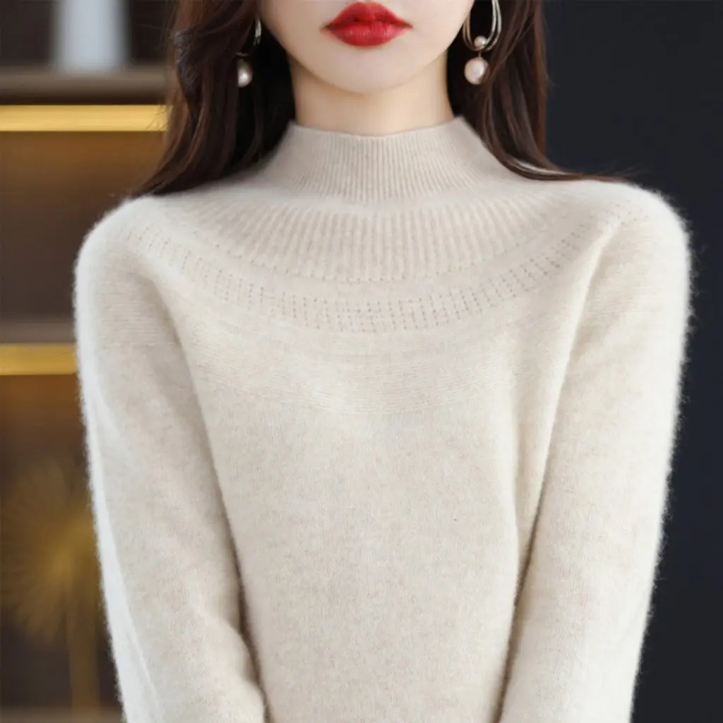 

Women's Seamless Cut out Half Turtleneck Sweater Knitted Woolen Pullover for Autumn Winter Bottoming Ready-To-Wear Style