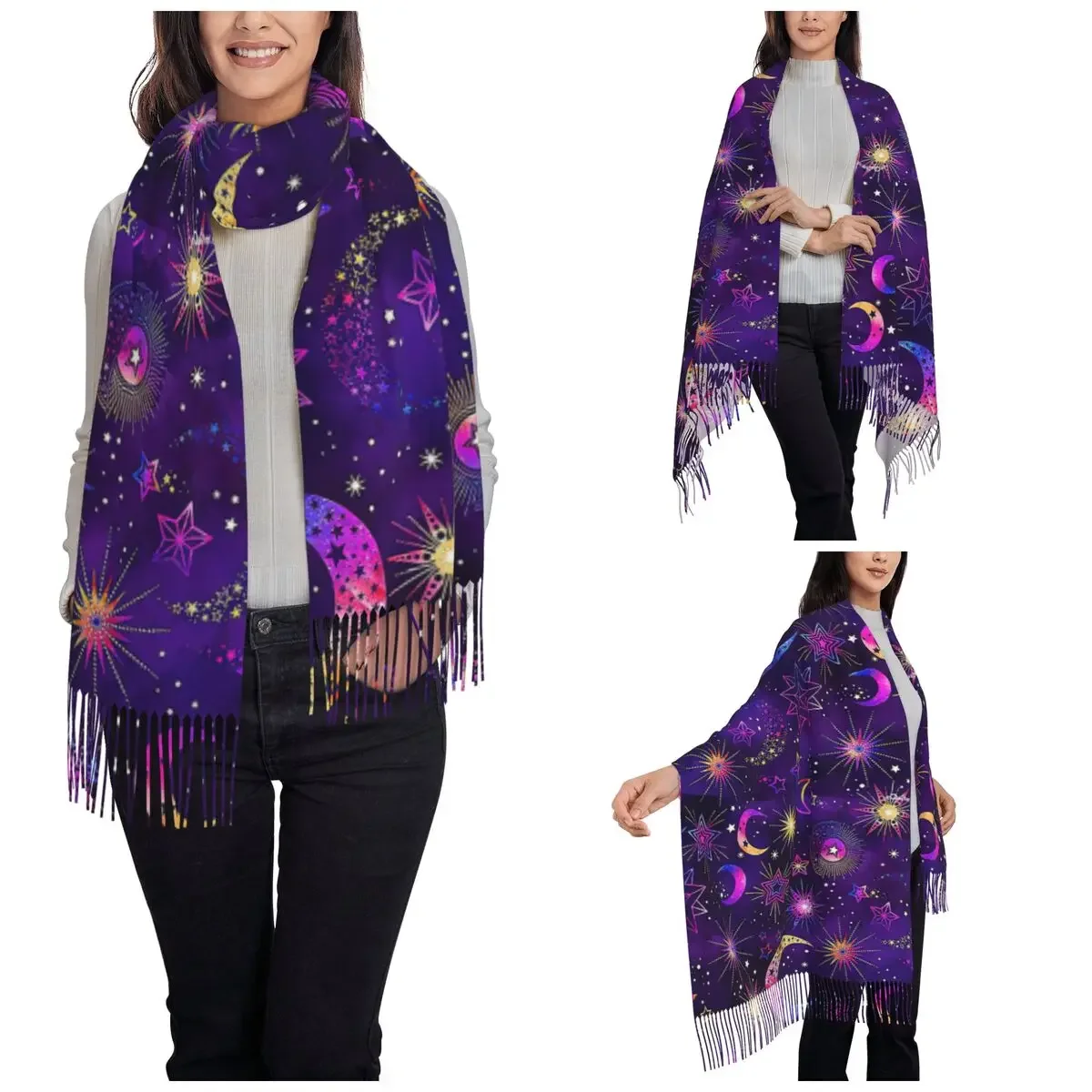 Women's Scarf with Tassel Magic Psychedelic Large Soft Warm Shawl Wrap Moon Pattern Gifts Pashmina Scarves