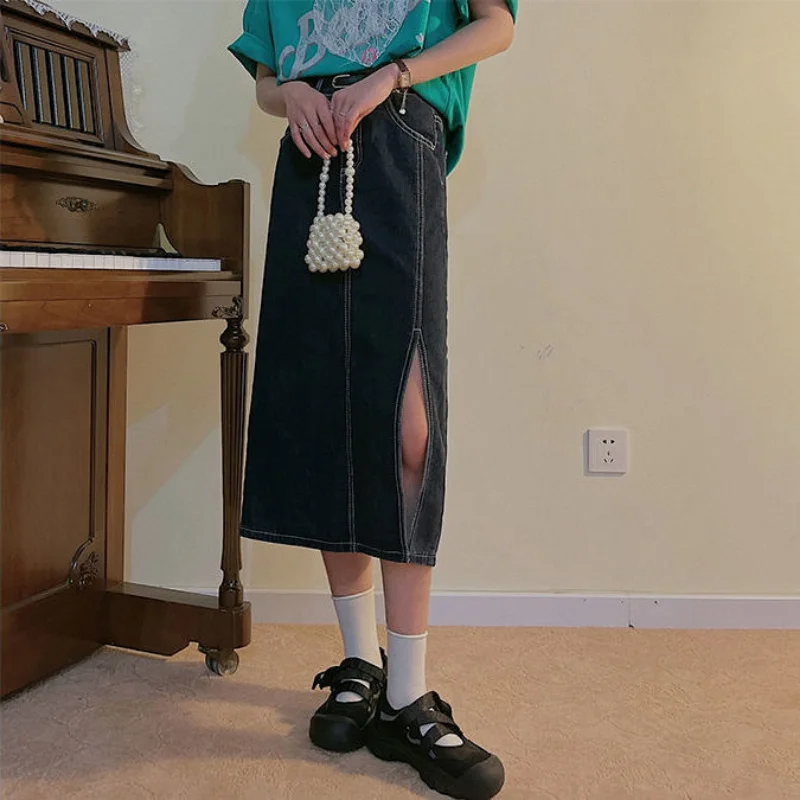 

Denim Midi Skirts for Women Side Slit High Waist A-line Students All-match Summer Casual Faldas Ropa Mujer Vintage Cute Harajuku
