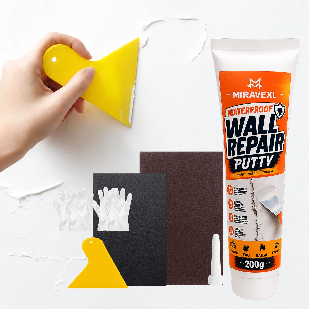 Wall Repair Putty Kit 200g Waterproof Spackle Paste with 2 Sandpapers Scraper Gloves forHome Crack Hole Fix DIY Tool Wall Tools
