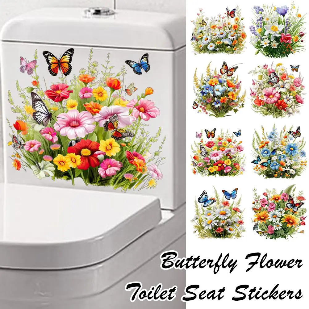 Bathroom Toilet Seat Sticker Butterfly Flower Grass Self-Adhesive Decals Removable Stickers Wallpaper For Restroom Home Dec G1N3