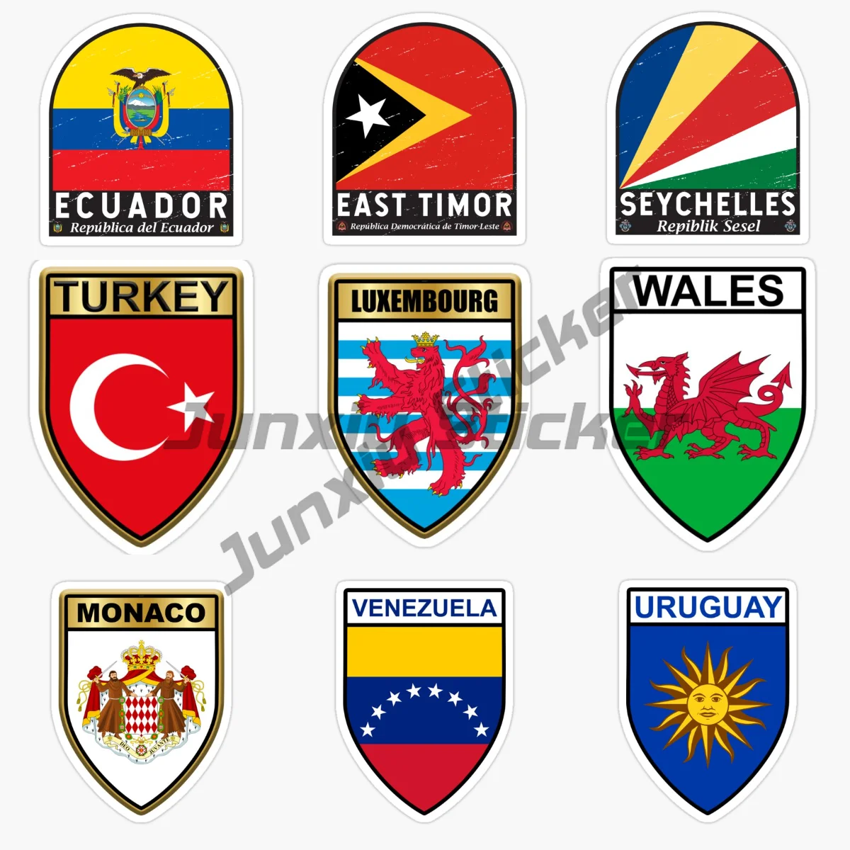 

LUXEMBOURG TURKEY URUGUAY VENEZUELA MONACO WALES EAST TIMOR SEYCHELLES ECUADOR Shield Flag Car Stickers Vinyl Self Adhesive