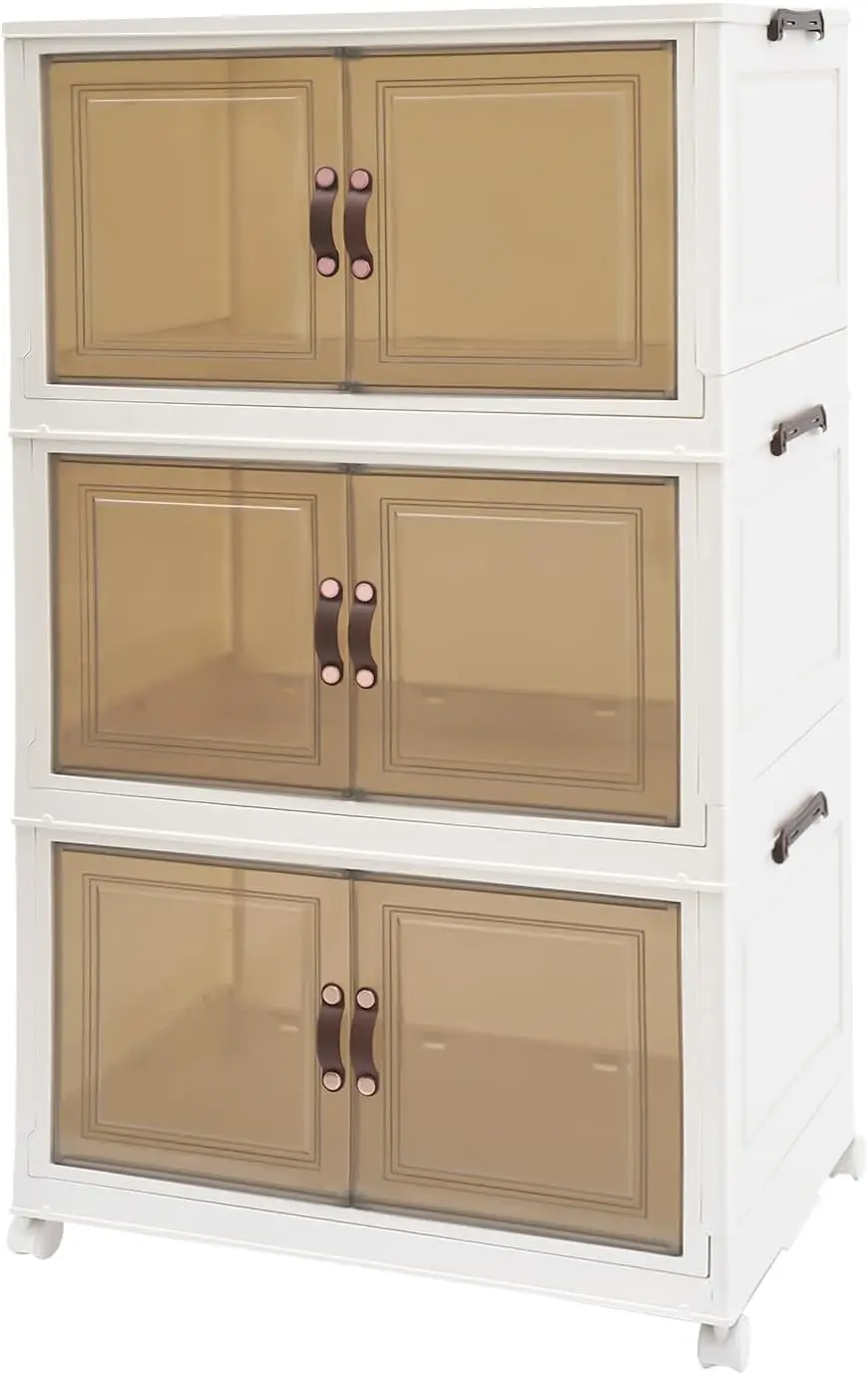 

Stackable Storage Containers, 3PCS Plastic Foldable Storage Cabinets, Large Stackable Clear Closet Organizer with Lockable Unive