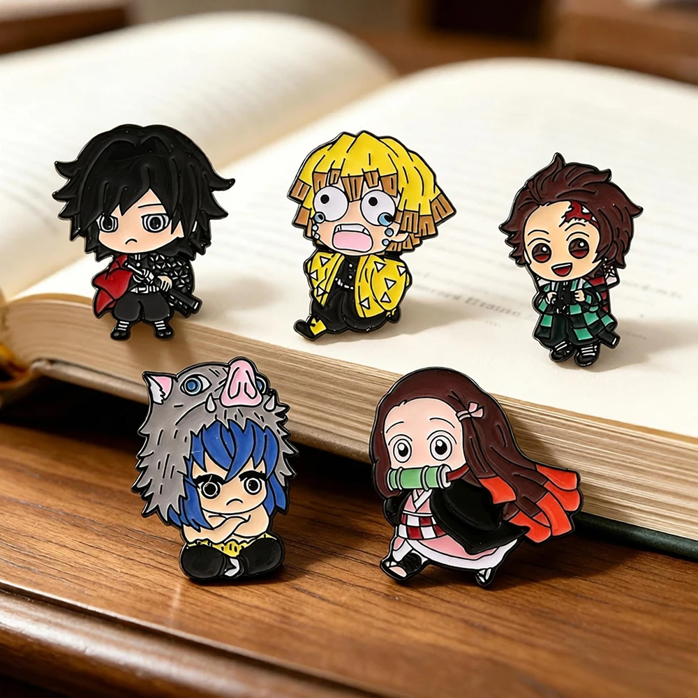 5pcs Anime Demon Slayer Enamel Pins Cute Cartoon Character Metal Brooch Badge For Backpack Clothes Hat Jewelry Gift For Fans