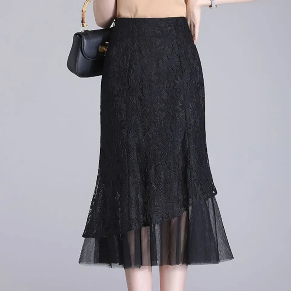 

Women Embracing Lace Midi Skirt Female Summer High Waisted Mesh Skirt Lady Large Size Medium Spliced Step Skirt