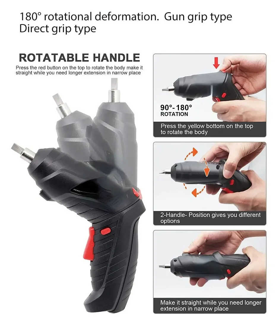 Portable Electric Screwdriver Cordless 2 in 1 Rotated 90 Degrees Rechargeable Screwdriver with LED for Home Office DIY Tools