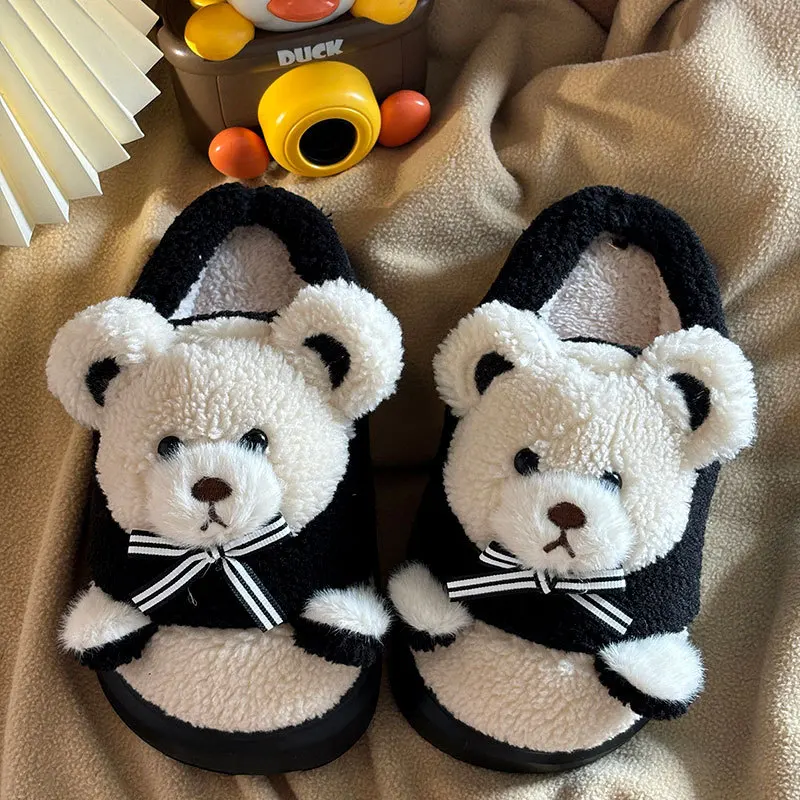 

Plush Cotton Slippers Cute Bear Thick Bottom Household Indoor Home Wear Half A Pack of Slippers Women Winter 2024 New