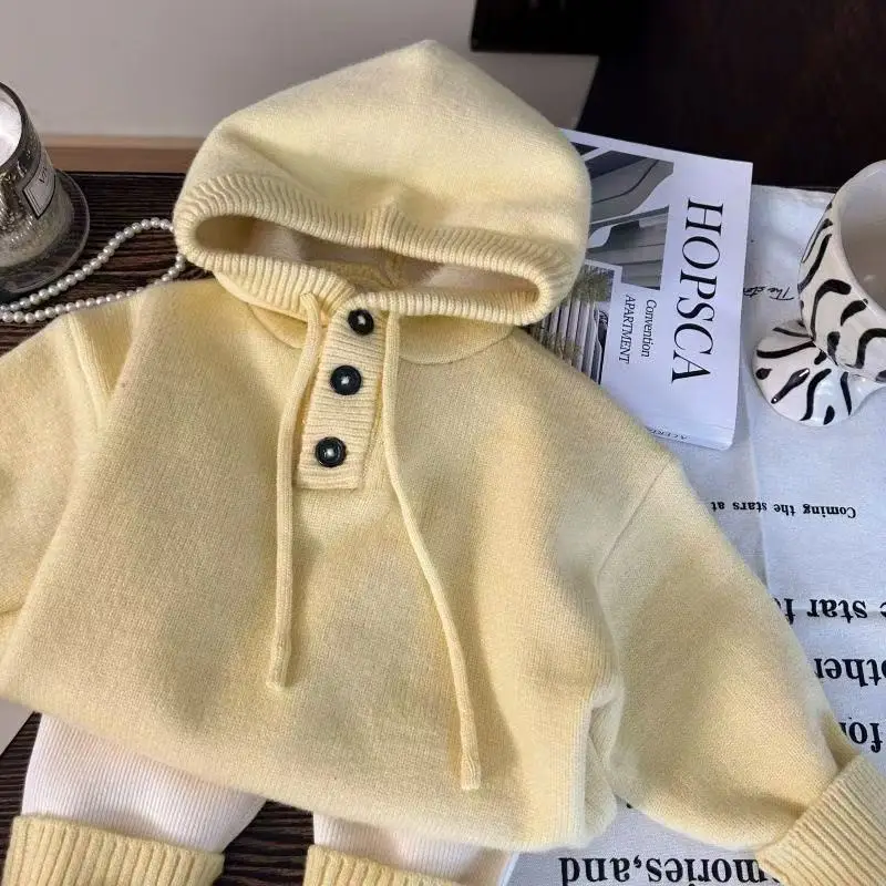 Korean Version Children's Clothing Autumn And Winter Girls Hooded Knitted jumper Plus Velvet Pile Socks Bottoms Two-piece Set