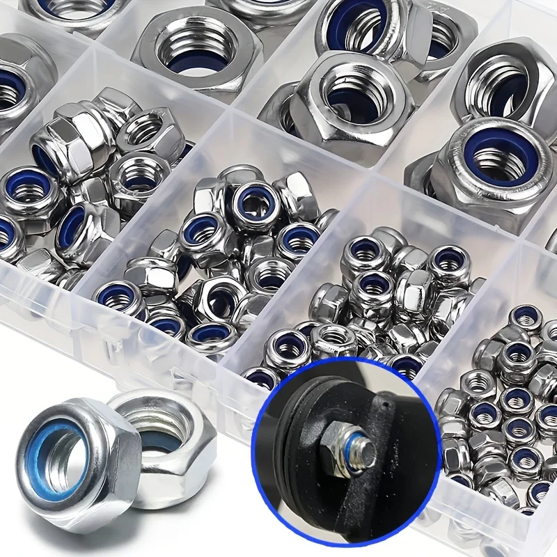6 Sizes Nylon Insert Lock Nuts M3 M4 M5 M6 M8 M10, Zinc Plated Hex Self-Locking Nuts, Anti-Loose Corrosion Resistant Fasteners