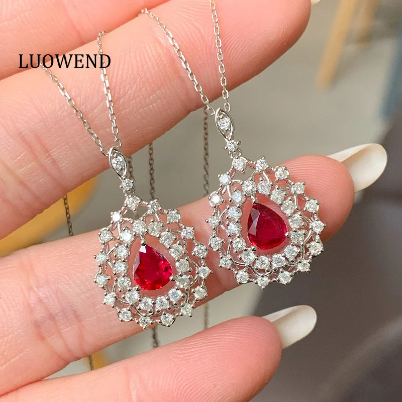 

LUOWEND 100% 18K White Gold Necklace Luxury Diamond Jewelry Elegant Style Natural Ruby Pendant Necklace for Women Wedding