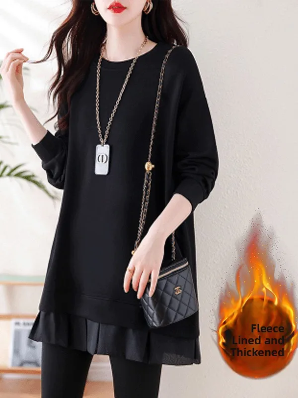 Sudadera con capucha de longitud media para mujer Thiened Fce Splice Faionable Otoño Invierno sudadera coreana Sle redondo Ne Long Sve