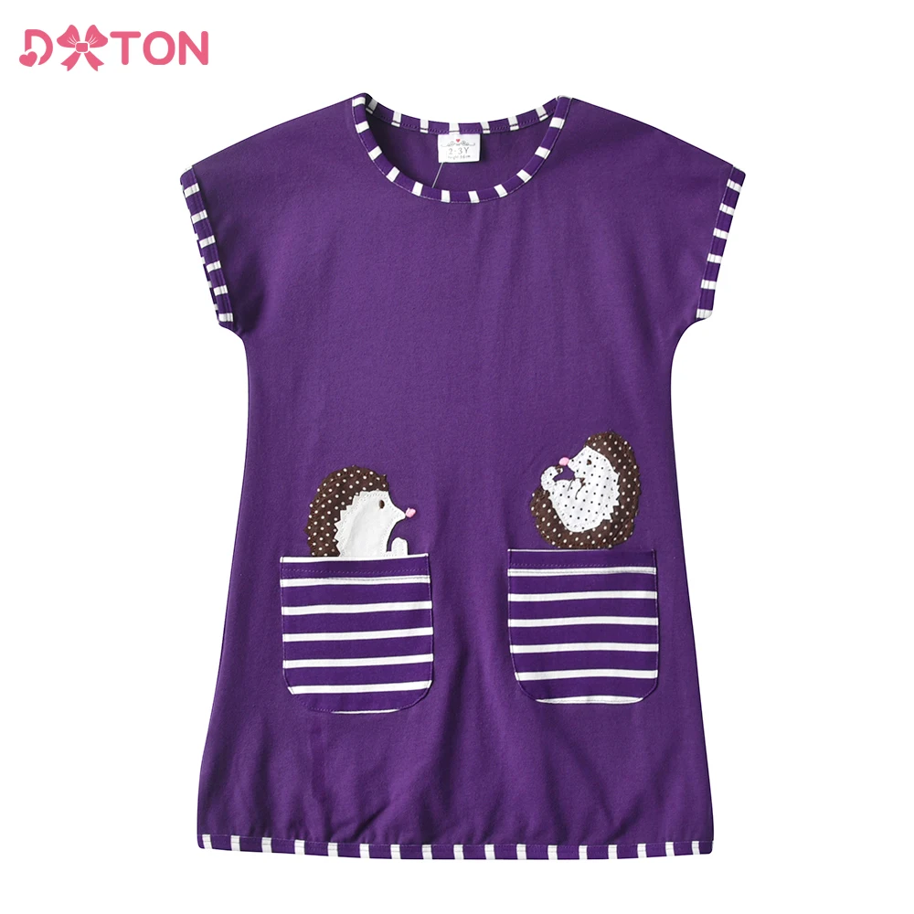 DXTON Girls Cotton Dress Kids Cartoon Print Casual Dress with Pockets Girls Short Sleeve Straight Dresses Children Costumes