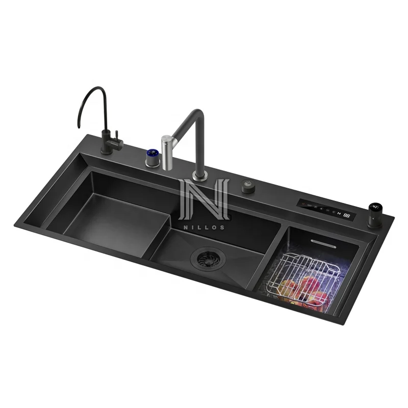 11550 High-tech Disinfection Large Size Stepped Sink Washing Fruits, Vegetables And Seafood 3 In 1 Black Dishwasher Kitchen Sink