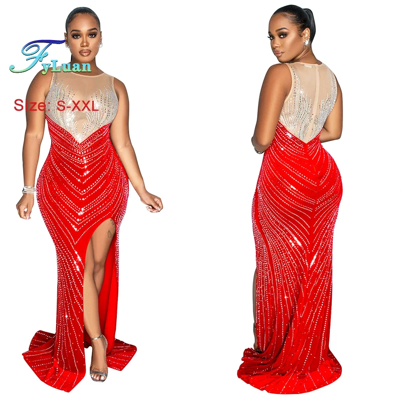 Sheer ตาข่ายผู้หญิงสีบล็อกห่อด้านหน้าไม่สมมาตรชุด Rhinestones ร้อนแขนกุด O คอหญิง Vestidos ความยาวชุด