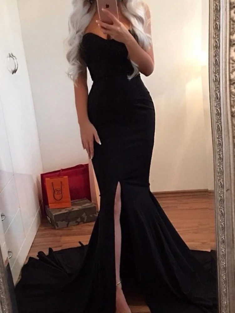 Sexy vestido negro de gran tamaño sin tirantes para los hombros con tenedor abierto frente al vestido de noche personalizado a hombros desnudos