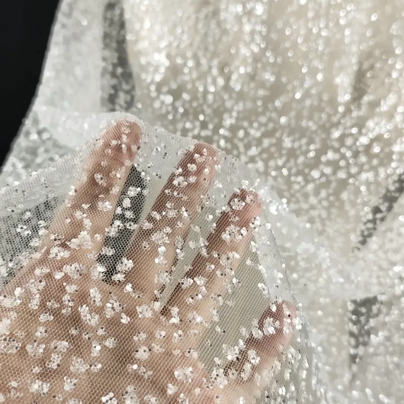 Yarn Sequins, Gold and White Hot Stamping Designer DIY Wrought Iron Yarn Wedding Background Sequins Mesh Fabric