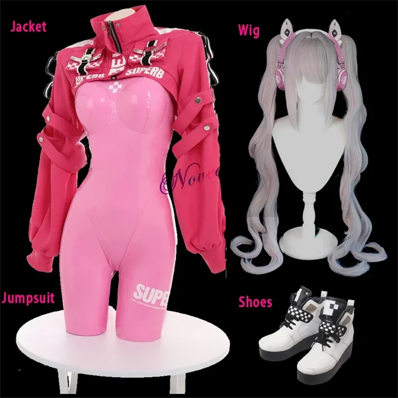 Nieuwe Game Nikke Alice Cosplay Kostuum Pruik Schoenen Sexy Latex Catsuit Bodysuit Roze Jumpsuit Jas Pak Voor Vrouwen Meisjes MN12