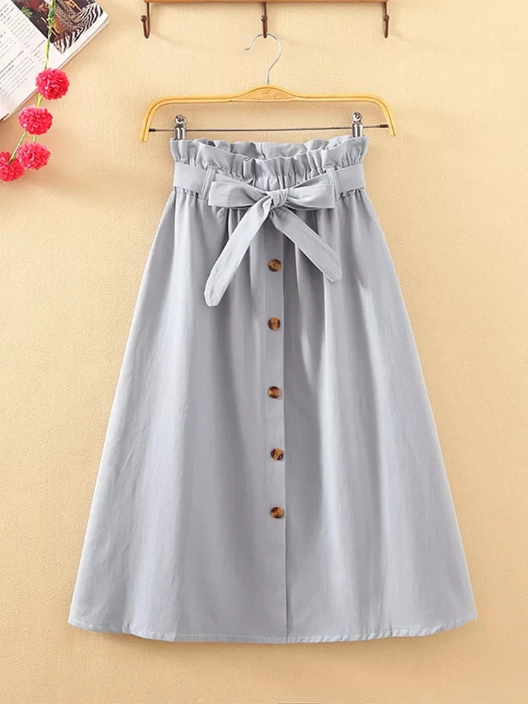 Summer Autumn Skirts Womens Midi Knee Length Korean Elegant Button High Waist Skirt Female Pleated School Skirt