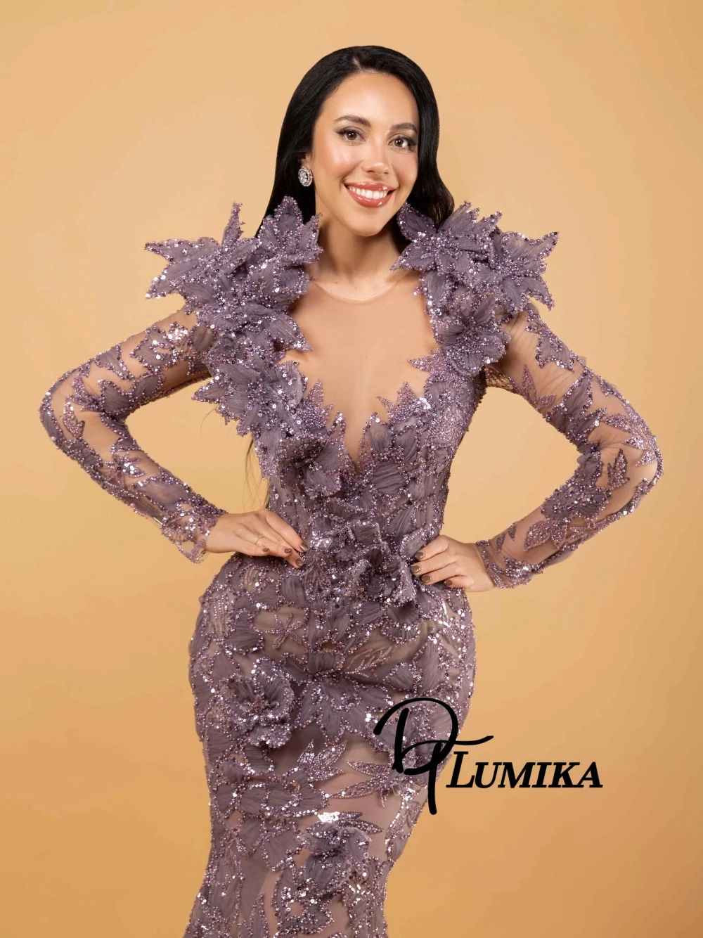 

DTLumika Delicate 3D Floral Evening Dress See Through Shiny Mermaid Customized Prom Gown Statement Wedding Guest Women Wear