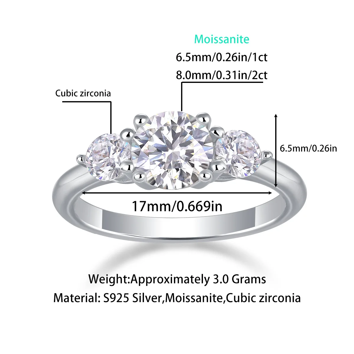 New S925 Silver Time Overture 2 Carat Moissanite Simple Style Three Stone Ring Luxury Charm Jewelry Valentine's Day/Wedding Engagement Gift, Birthday Gift, Anniversary Gift Best Gift for Him/Her