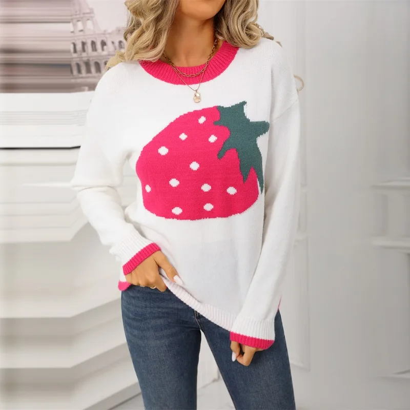 

New Autumn Winter Comfortable Strawberry Pattern Sweater Long Sleeve Pullover Round Neck Top Sweater 2025 Warm Versatile Women's