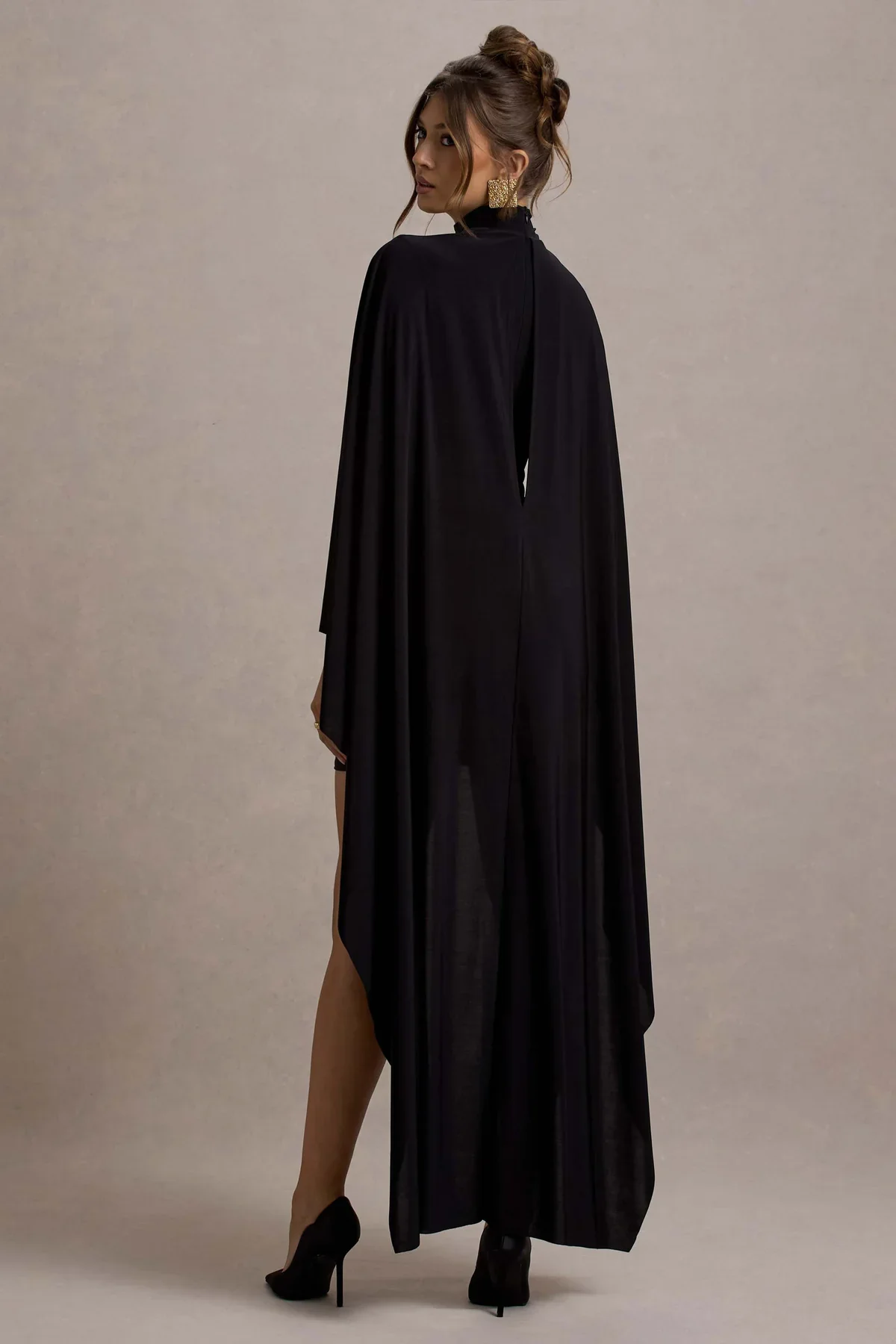 2025 Cape High Collar Puff Sleeves Mini Maxi Dress To Party With High End Elegant Black Stretchy Short Women Dresses