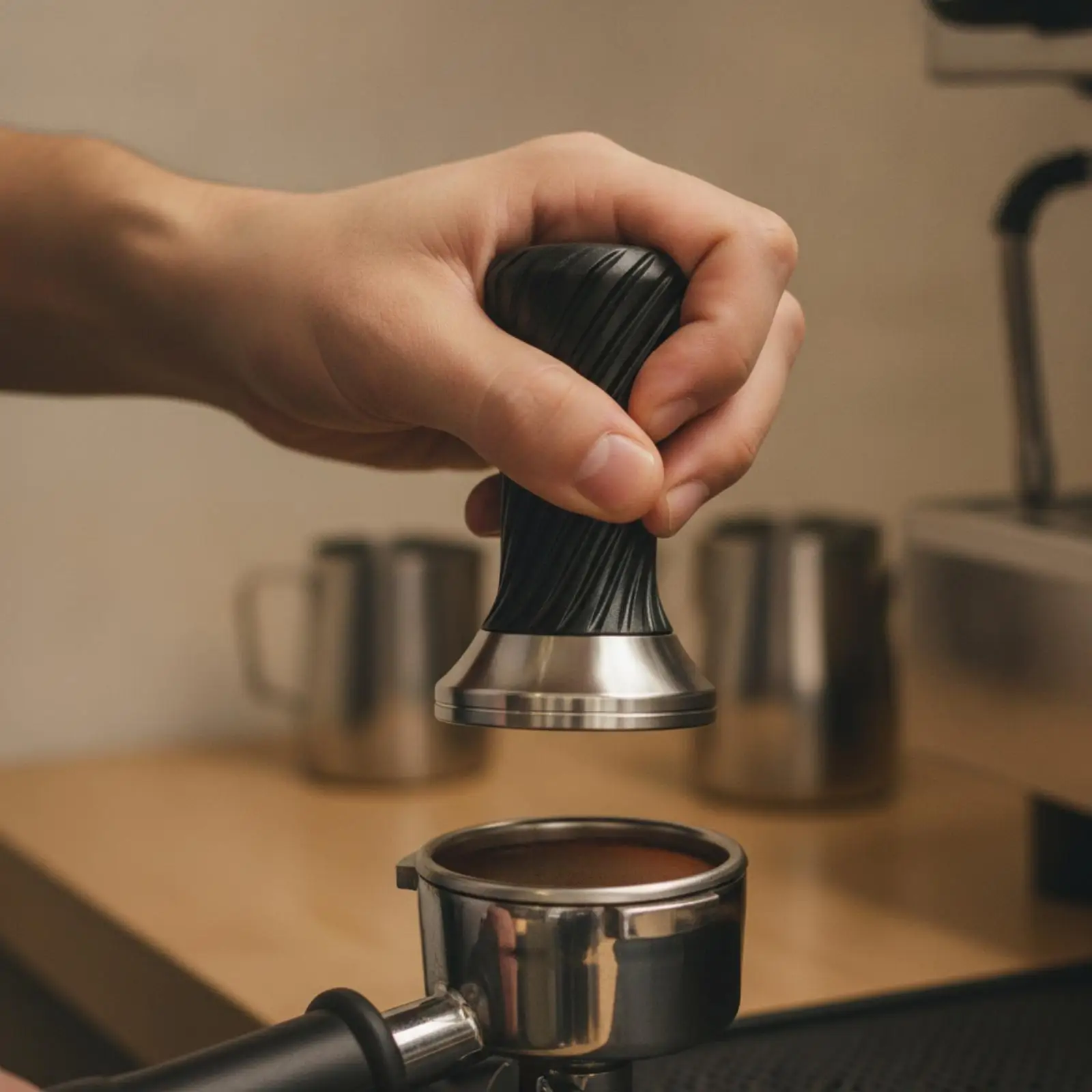 Espresso Coffee Tamper Flat Base Polished Finish Black Grip for Consistent Extraction
