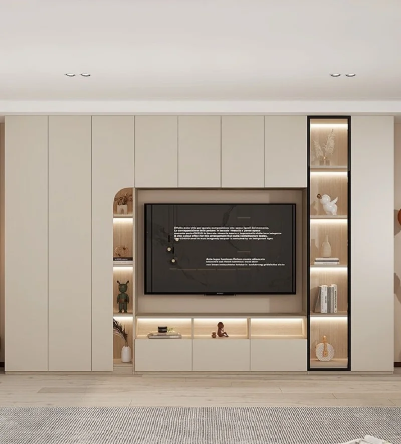 Simply integrated wall TV cabinet, overall living room, display storage cabinet, cream style, light luxury TV combination