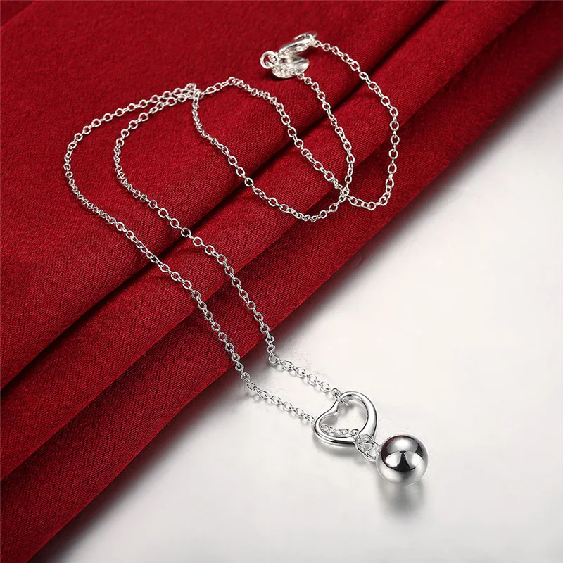 Hot Charm 925 Stamp Silver Color Jewelry 18 Inches Fashion Exquisite Heart Solid Beads Necklace for Women Party Christmas Gifts