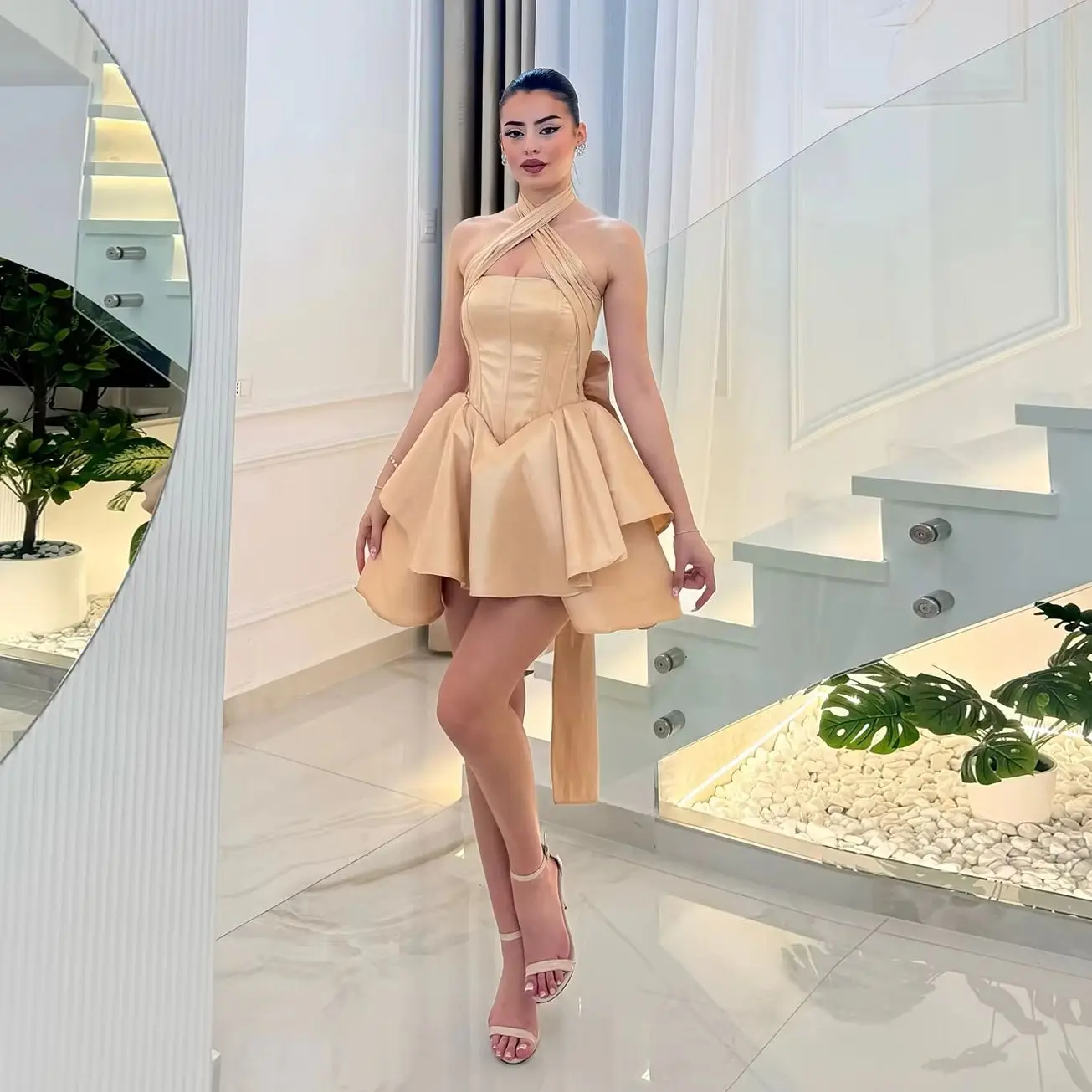 Sharon Said Charming Satin Coral Halter A-Line Prom Dress with Bow Short Evening Birthdays Party Gowns SH541 Customized