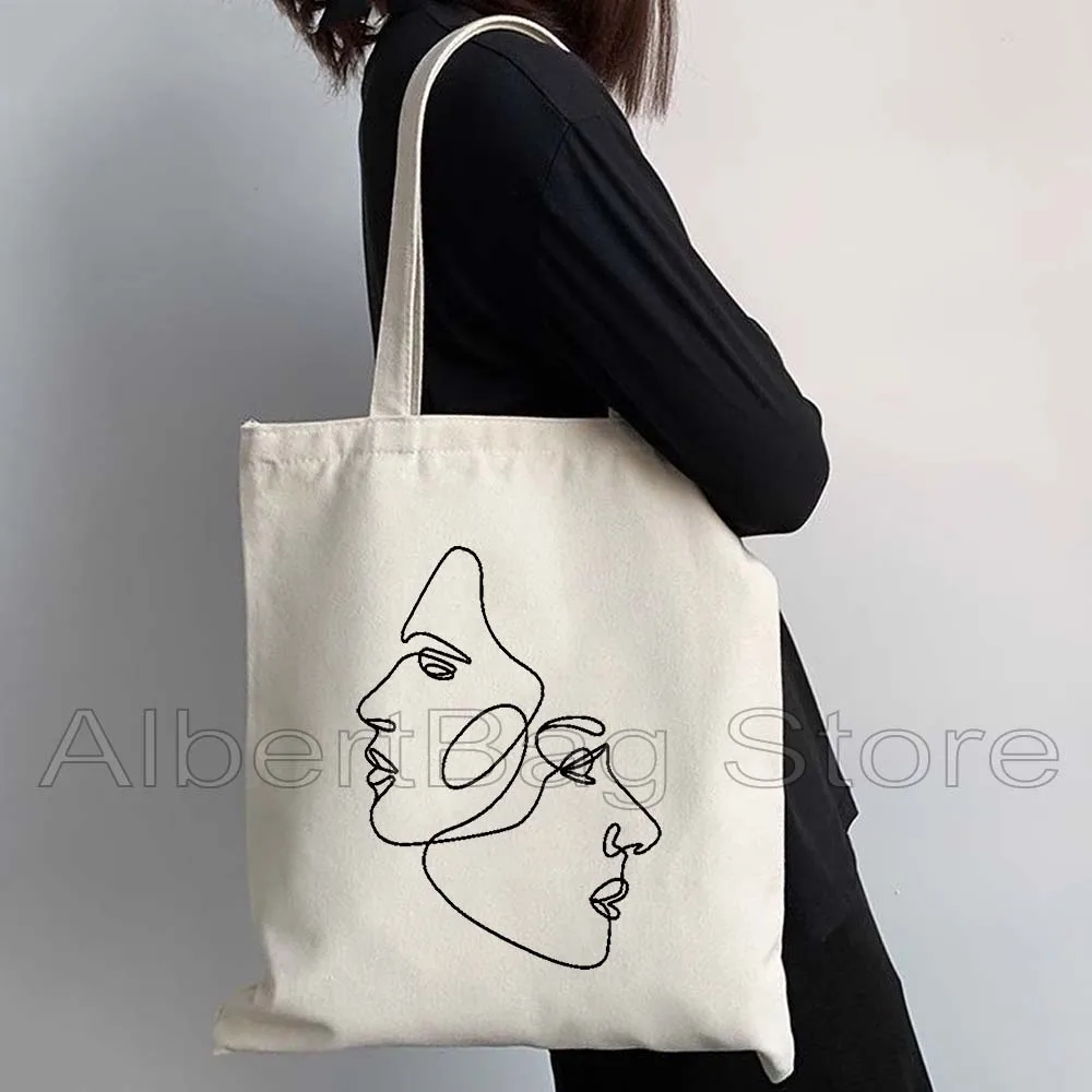 

Abstract Woman Head Drawings Couple Minimalis Women Canvas Shoulder Tote Bag Woman's Face Rose One Line Art Floral Girl Handbag