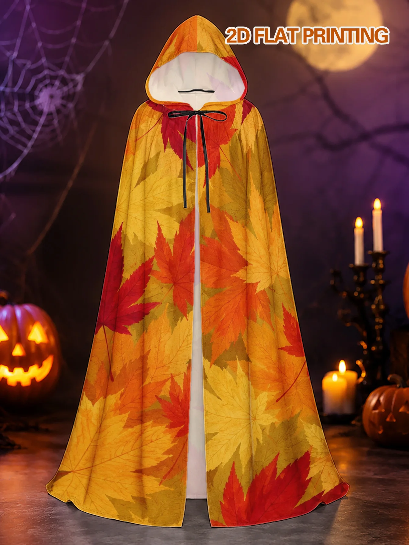 1pc Adult Hooded Cloak in Autumn Maple Leaves Print, Polyester Costume Cape for Halloween Horror Nights Christmas Cosplay