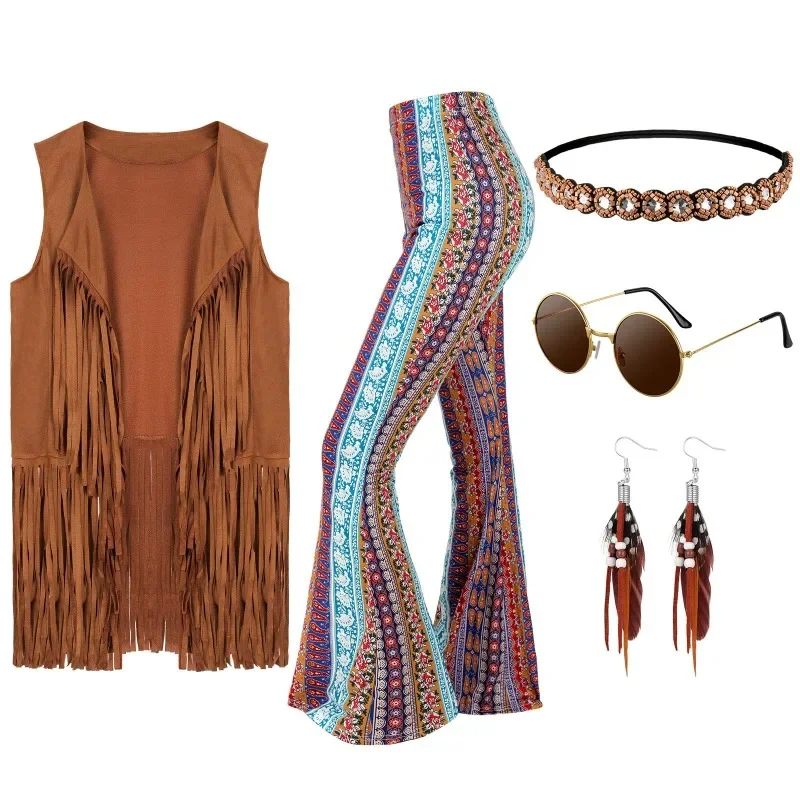 Jaren '70 Kostuum voor Vrouwen Disco Outfits Hippie Accessoires Fringe Vest Boho Uitlopende Broek Set 2023 Nieuwe Stijl Cosplay Kostuum Vrouwen
