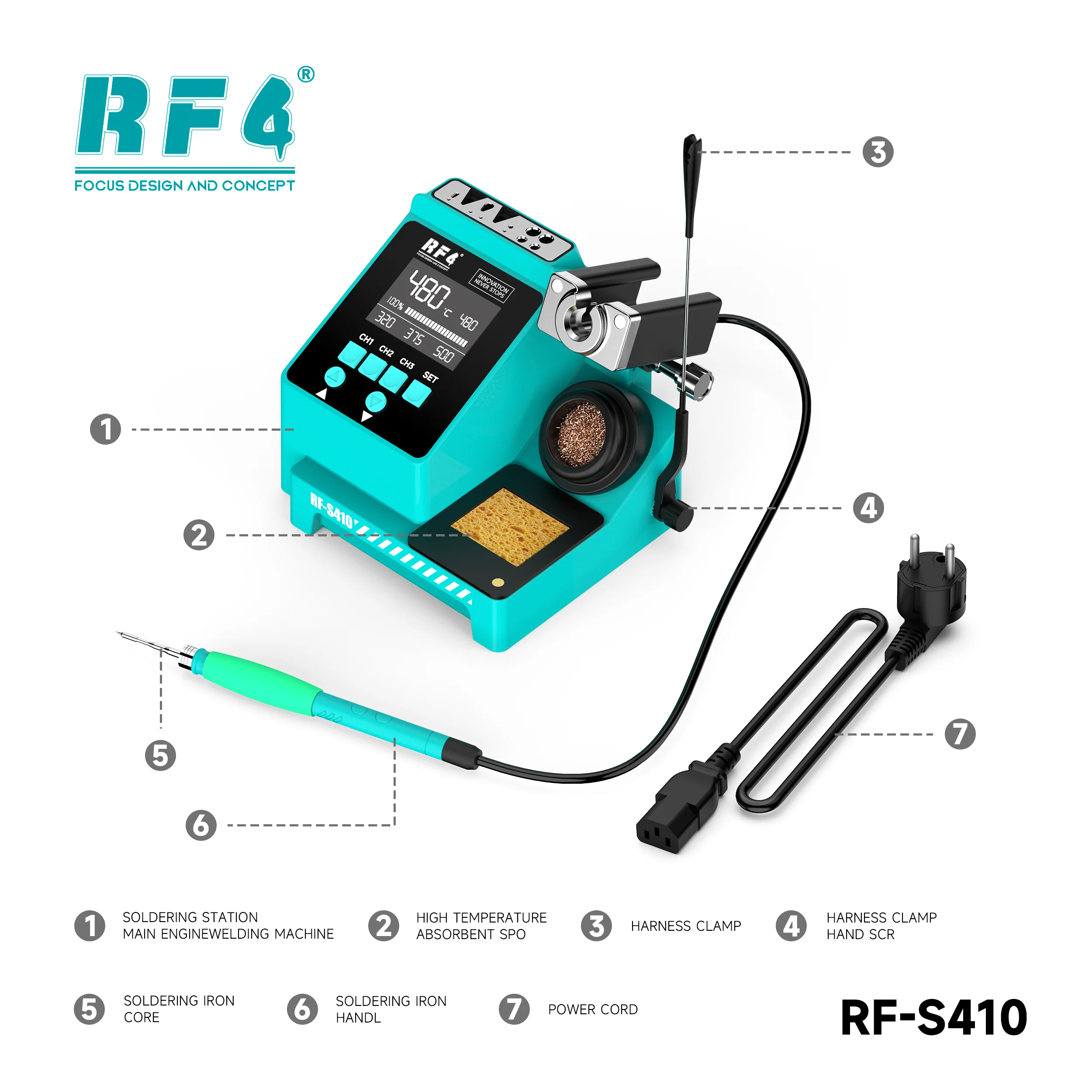 RF4 RF-S410 Digital Soldering Station 100W ,Fast Temperature Switching, Anti-Static Protection For PCB Repair Precision Welding
