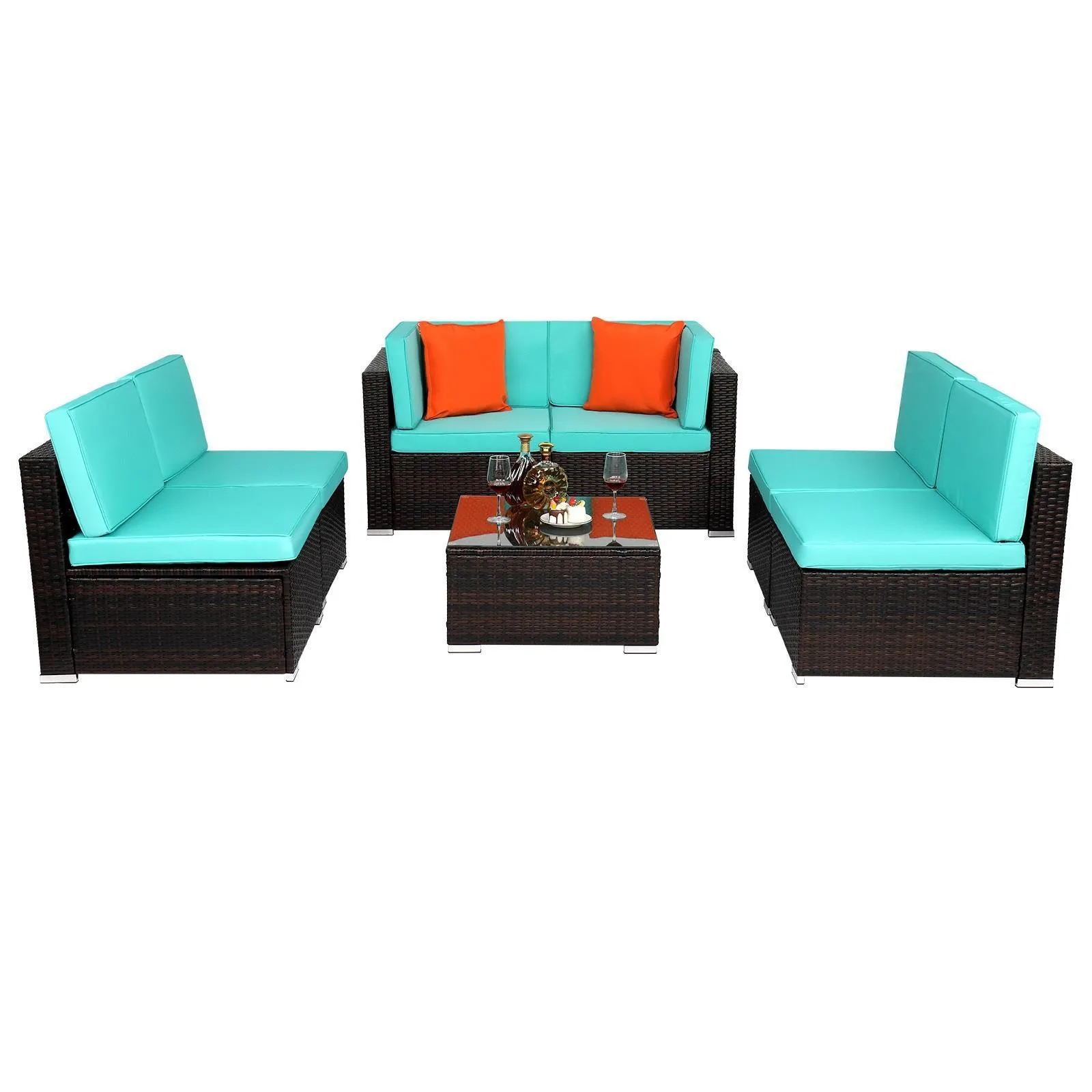 

7 Pcs Patio Rattan Sofa Set Outdoor Wicker Sectional Furniture w/Table Lake Blue
