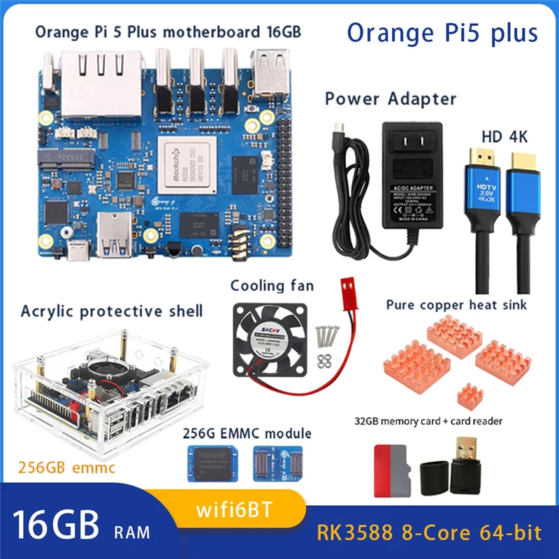 Für Orange Peel 5 Plus 16 GB RAM + 256 GB Emmc-Modul RK3588 Octa-Core-Unterstützung 8K-Video 2,5G Wifi6 BT-Modul-Kit Langlebiger US-Stecker