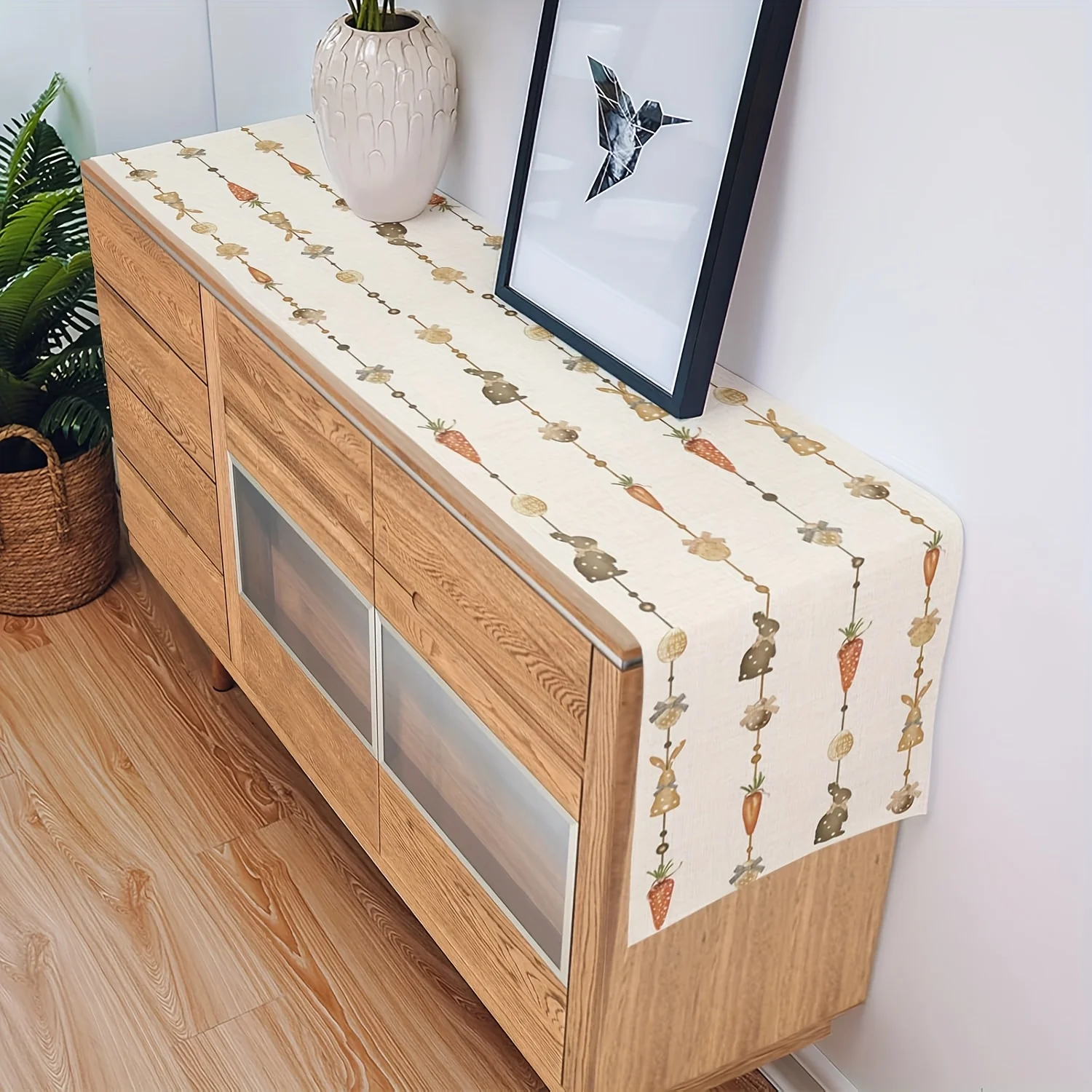 Polyester Table Runner Featuring Easter Bunnies Carrots Cute String Arrangement Ideal For Easter Party Table Settings Creating