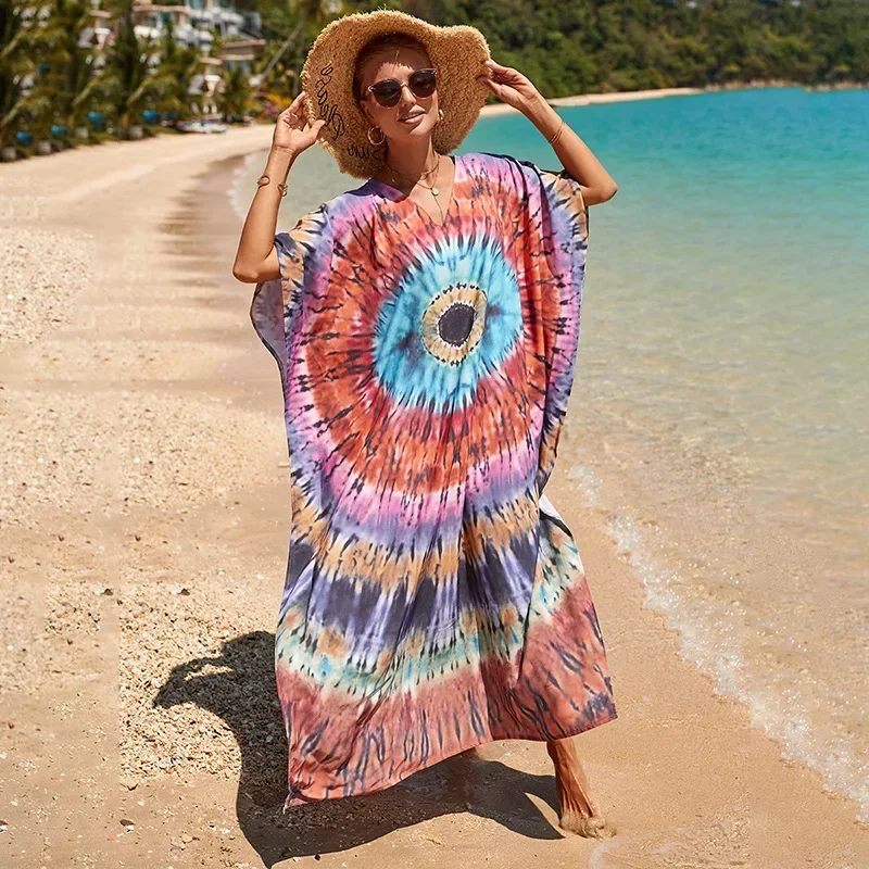 New Women Kaftan Beach Dress Bikini Swimsuit Cover Ups Free Size Female Caftans Long Tunic Kimono Maxi Cotton Printed Loose