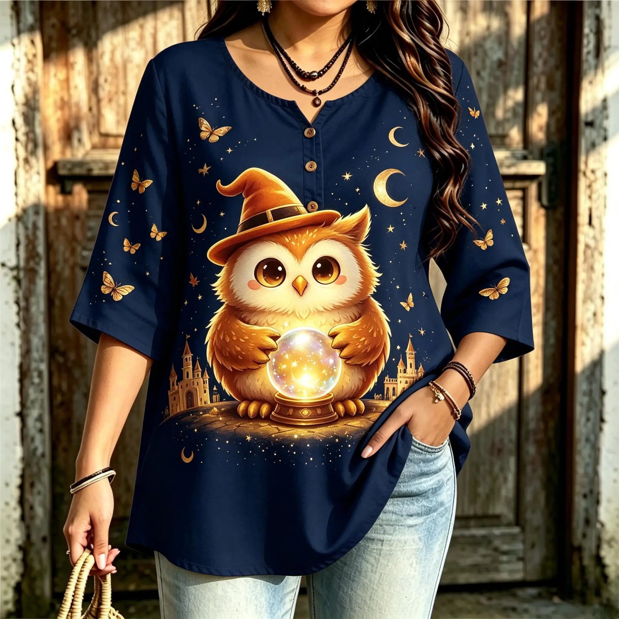 Women Notched Henley Neck 3/4 Sleeve Blouse Halloween Cute Owl Wizard Pumpkin Scarecrow Autumn Harvest Graphic Tops
