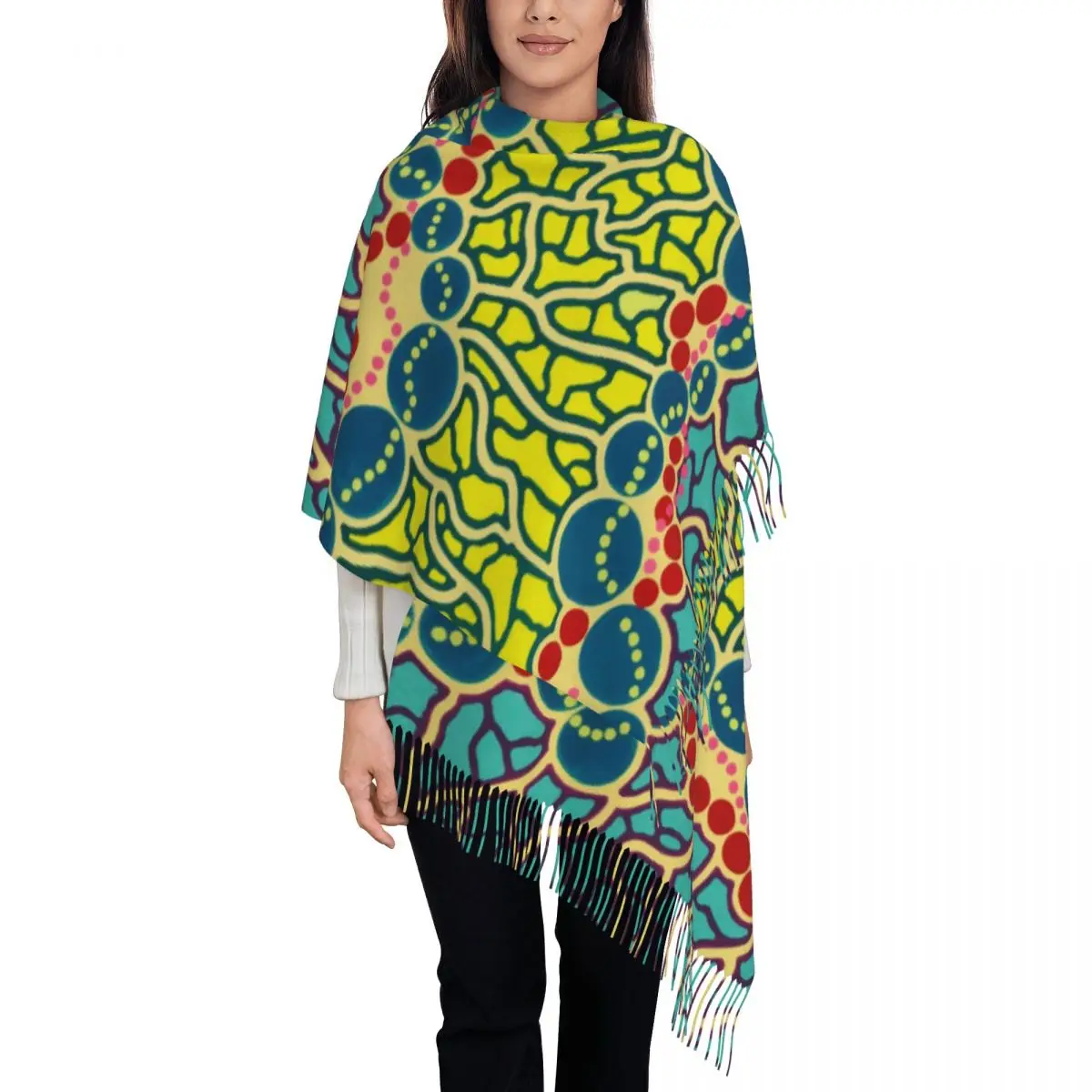 Yayoi Kusama Blue Shawl Wraps for Womens Winter Warm Single-sided Pattern Scarf Nordic Polka Pashmina Tassel Scarves