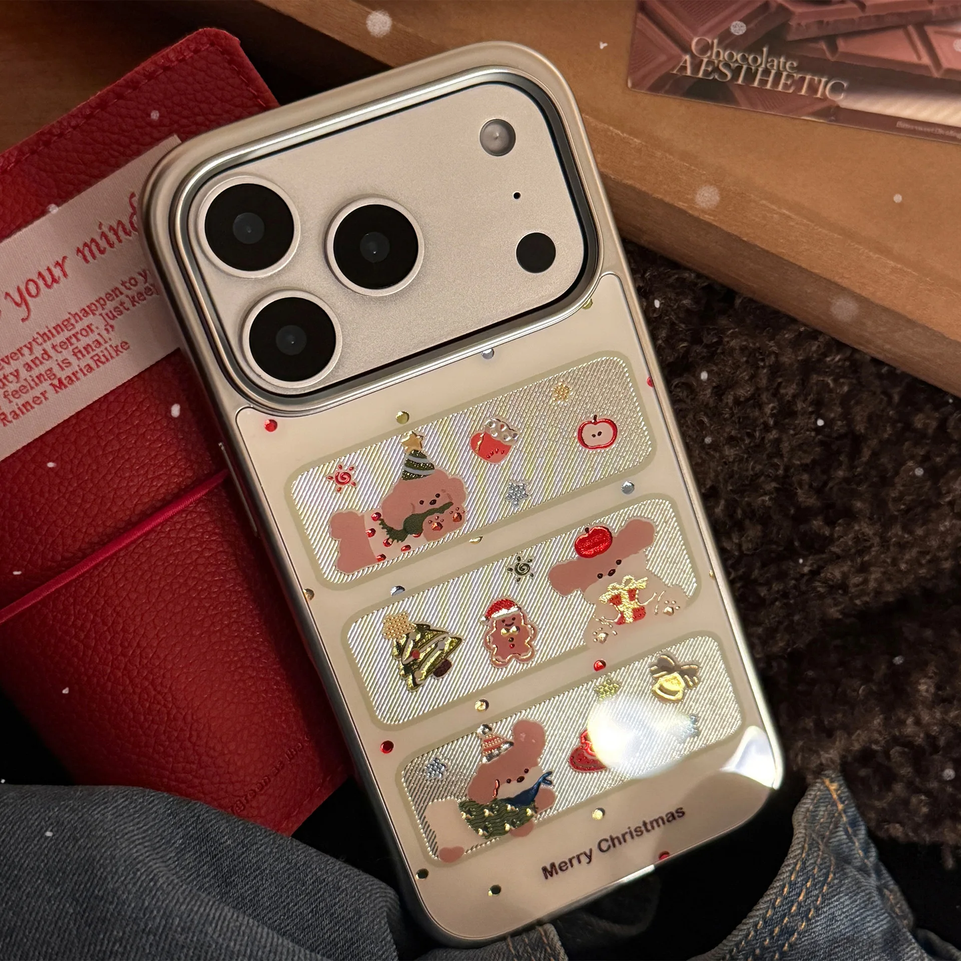 Koreanischer Weihnachtsstil, Cartoon-Welpe, silberne Randbeschichtung, Handyhülle für iPhone 17, 16, 15, 14, 13, 12, Pro Max, stoßfeste Hartschale
