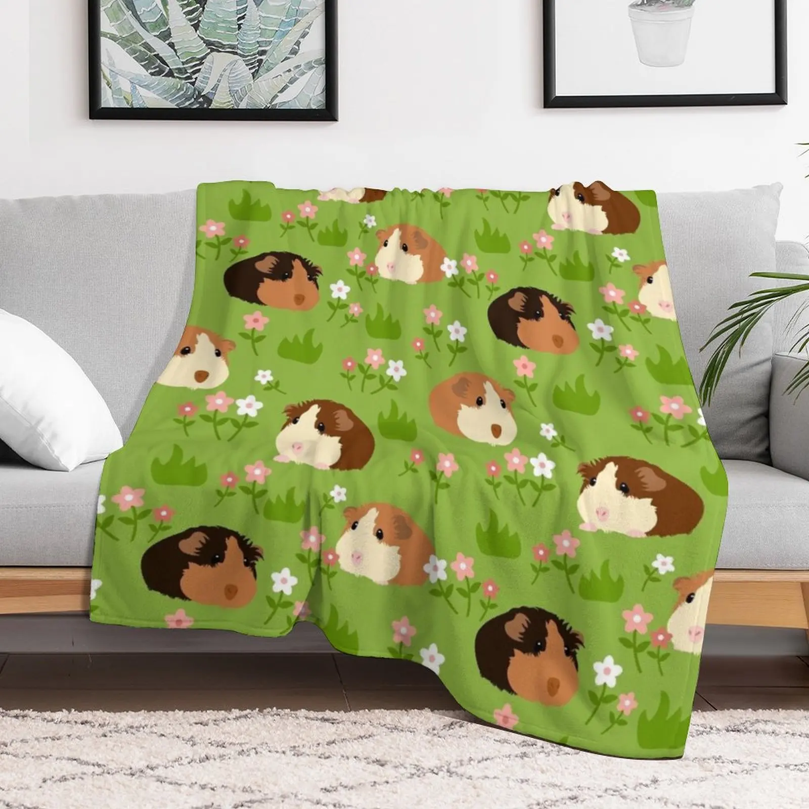 

Guinea Pig and Flowers - Green Throw Blanket Thin Hairys sofa bed Blankets