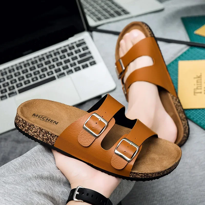 

HKDQ Classic Buckle Leather Slippers For Men Summer Brown Flat Women's Slides Comfy Non-Slip Outdoor Man Slippers Big Size 36-45