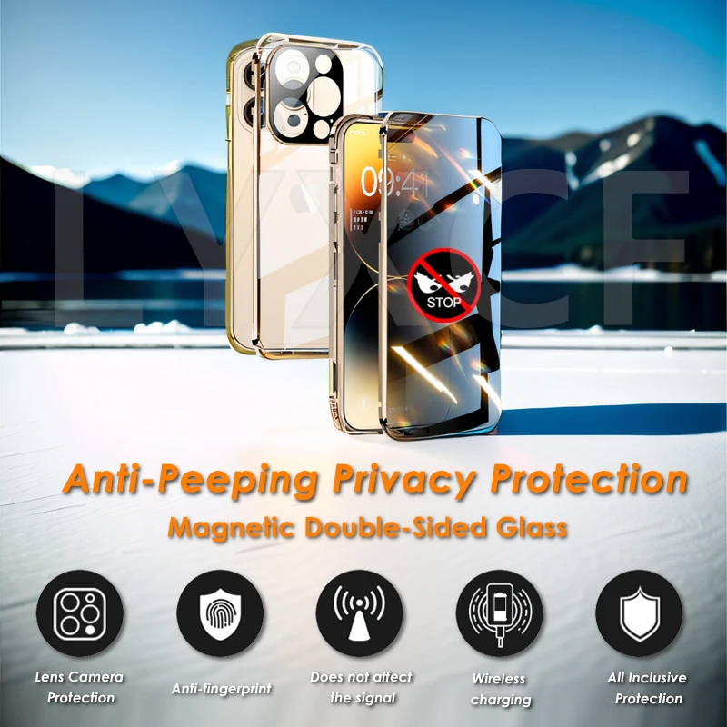 Double Glass Anti-Peeping Privacy Magnetic Adsorption Case For iPhone 15 14 13 12 Pro Max Plus With Camera Lens Protection Cover